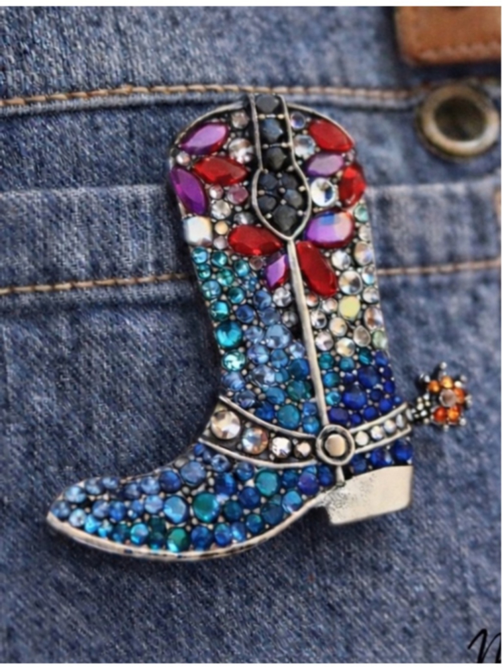 NEW Cowboy Boot Rhinestone Brooch Pin Western Bag Charm Blue Red Crystal NWT